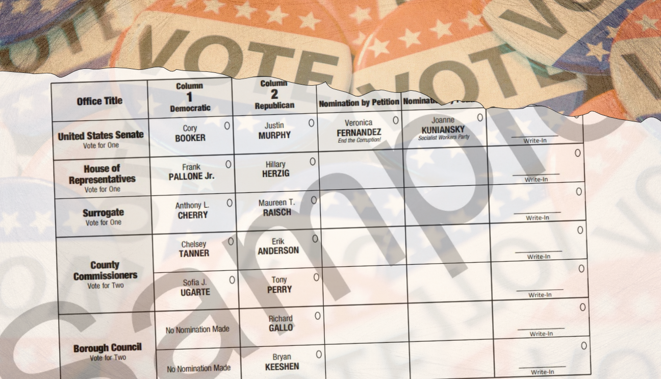 Sample election ballot over voting-themed artwork