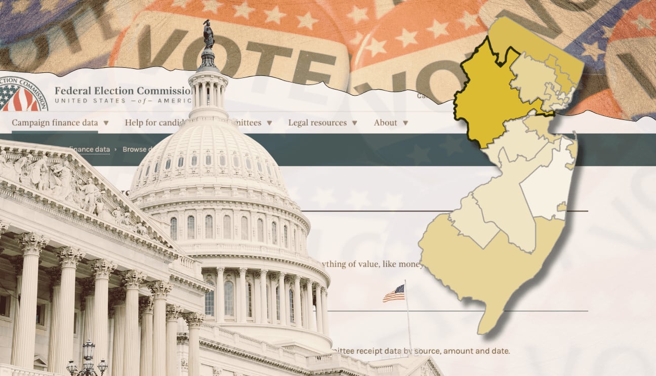United States Capitol, New Jersey congressional district map, and FEC website over voting-themed artwork