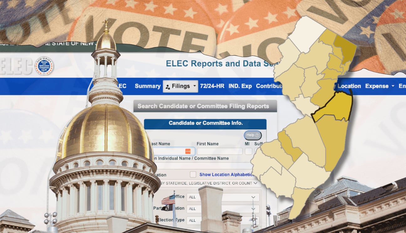 New Jersey State House dome, county map, and NJ ELEC filing search over voting-themed artwork