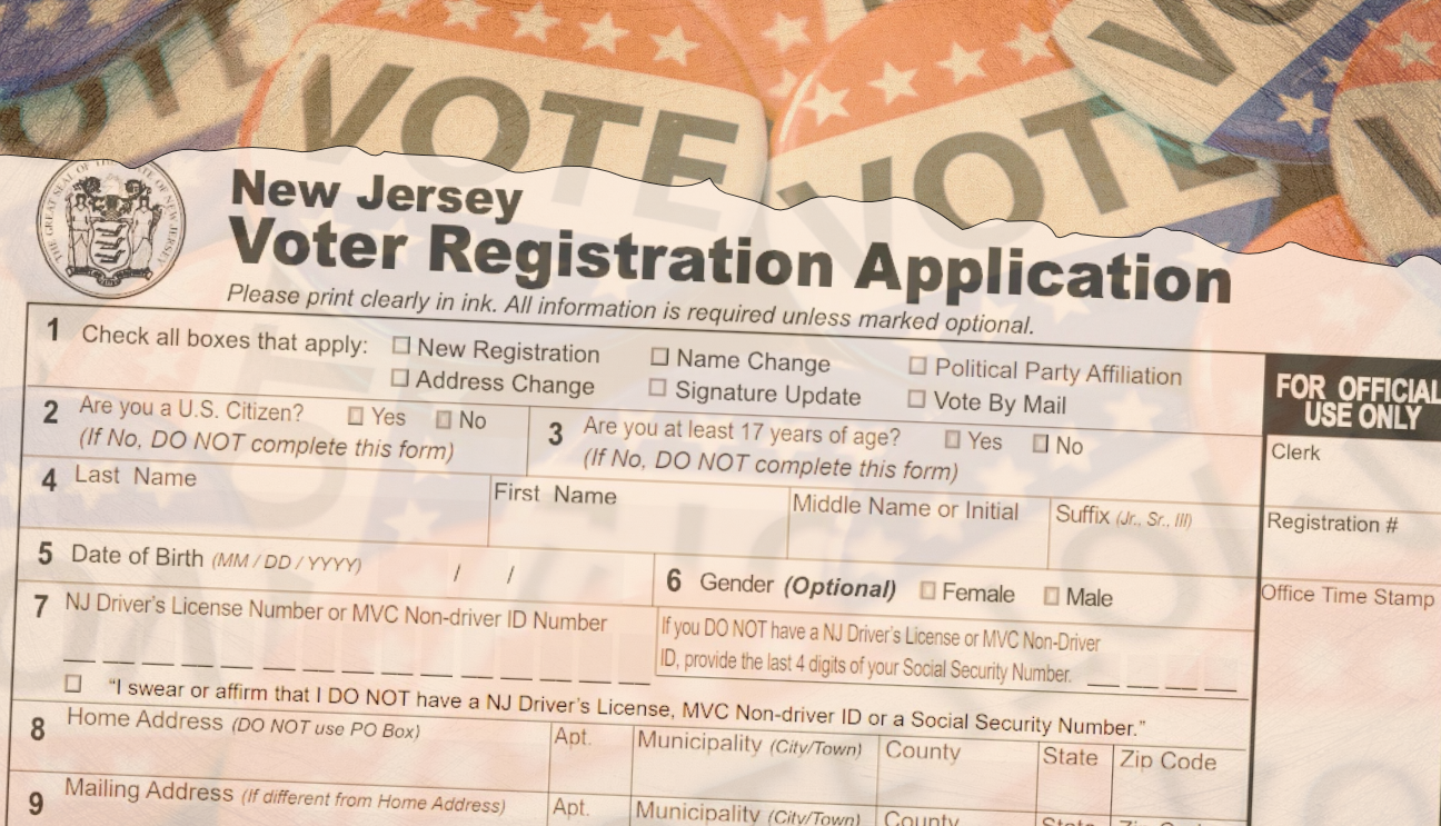 New Jersey voter registration application over voting-themed artwork
