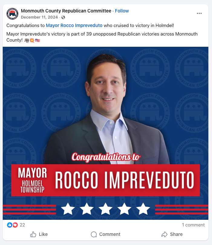 Figure 2. Monmouth County Republican Committee recognizing Impreveduto victory, Source: Facebook post.