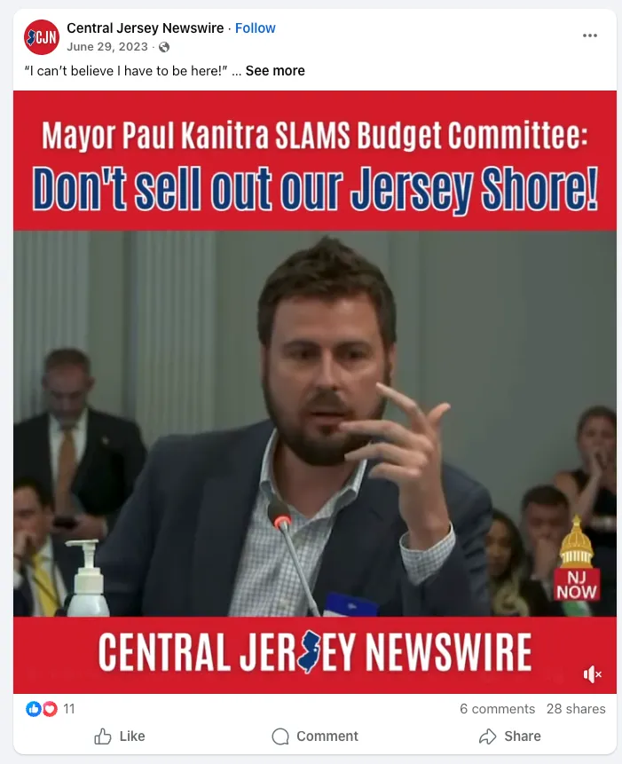 Figure 1. Screenshot of Facebook post by Central Jersey Newswire promoting coverage of Mayor Paul Kanitra, June 29, 2023.