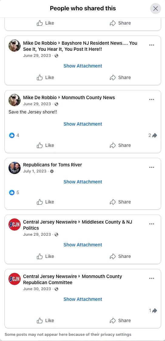 Figure 2. Screenshot of Facebook sharing activity for Central Jersey Newswire post featuring Mayor Paul Kanitra coverage, captured November 2025.
