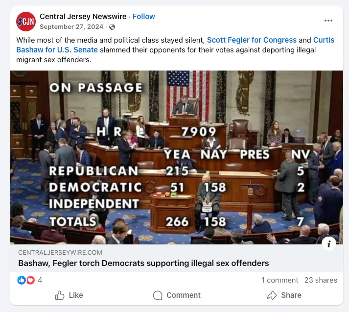 Figure 1. Screenshot of Facebook post by Central Jersey Newswire promoting coverage of Scott Fegler, September 27, 2024.