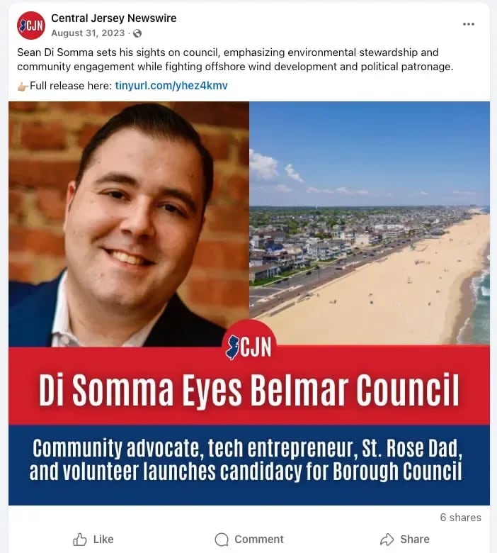 Figure 1. Screenshot of Facebook post by Central Jersey Newswire promoting coverage of Sean Di Somma, August 31, 2023.
