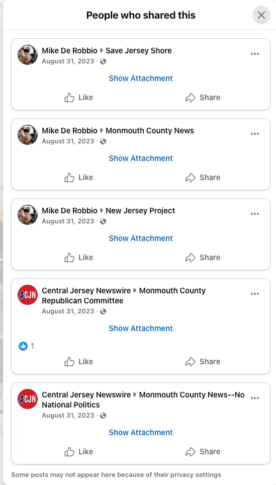 Figure 2. Screenshot of Facebook sharing activity for Central Jersey Newswire post featuring Sean Di Somma coverage, captured November 2025