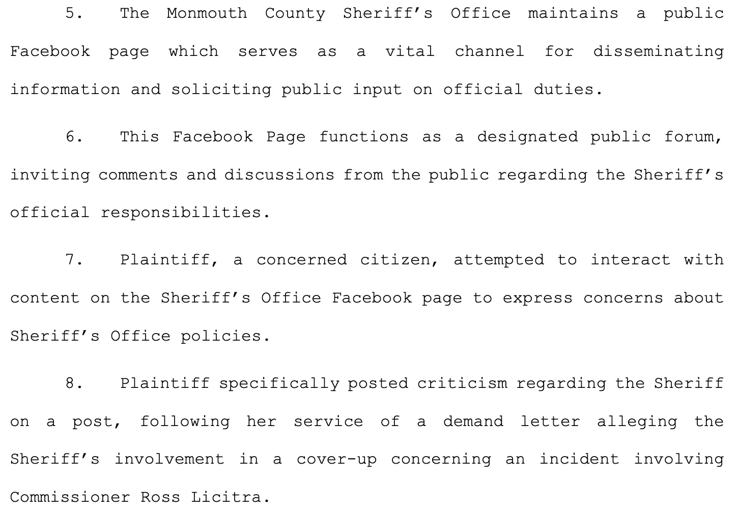 Figure 1. Plantiff description of events. Source: First Amended Complaint in Tietjen v. Monmouth County Sherriff’s Office