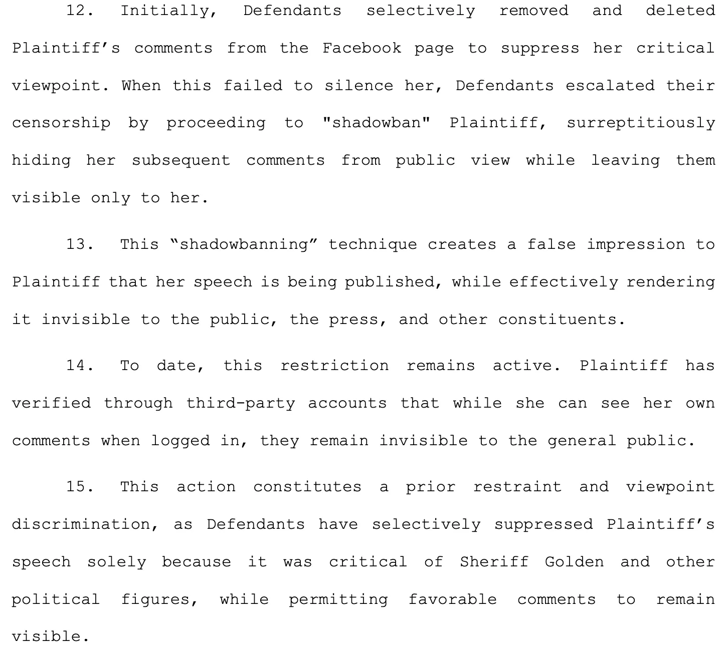 Figure 2. Plantiff allegations of shadowban. Source: First Amended Complaint in Tietjen v. Monmouth County Sherriff’s Office