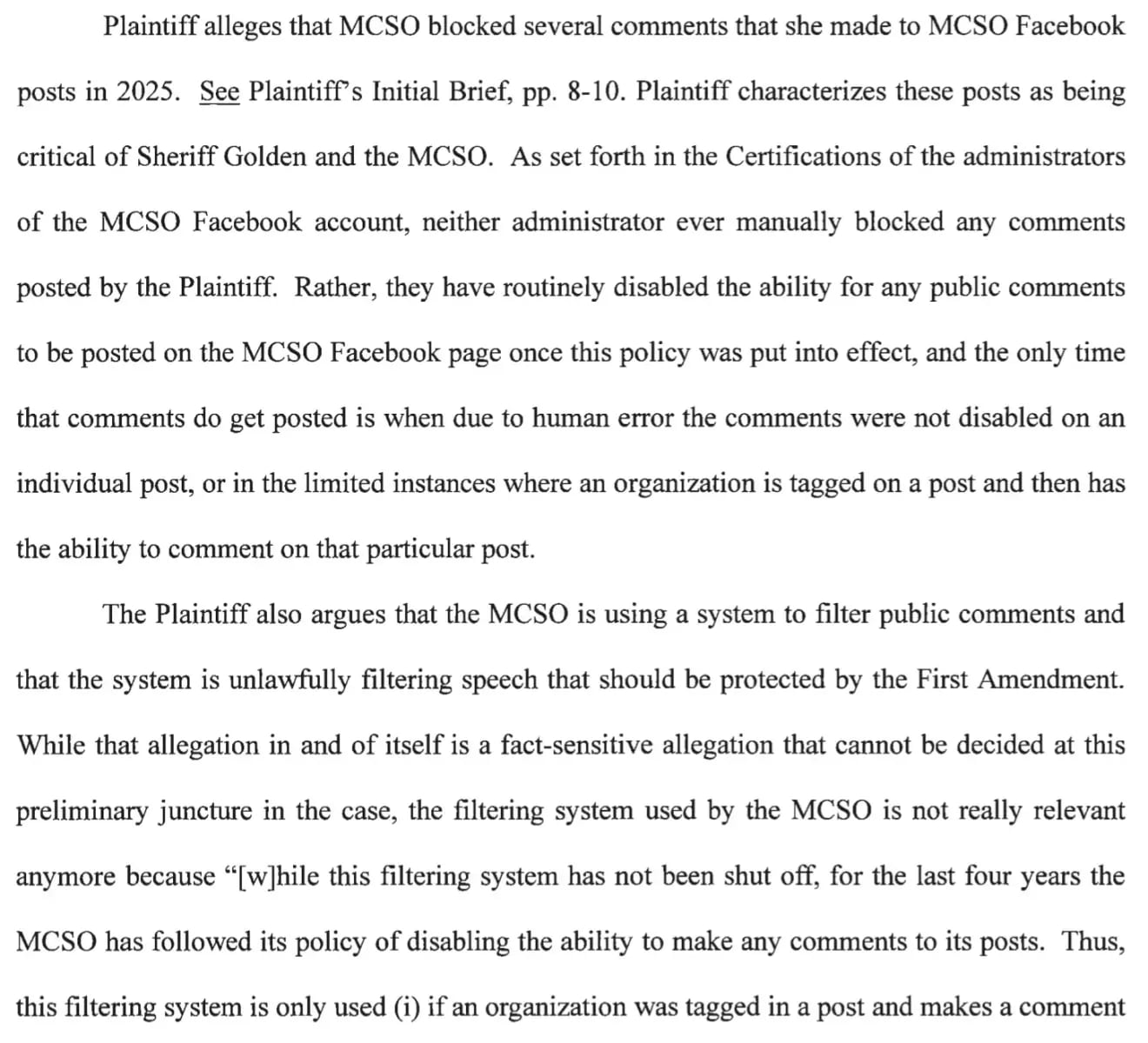 Figure 3. Defendants’ description of Facebook comment moderation practices. Source: Opposition to Motion in Tietjen v. Monmouth County Sherriff’s Office.