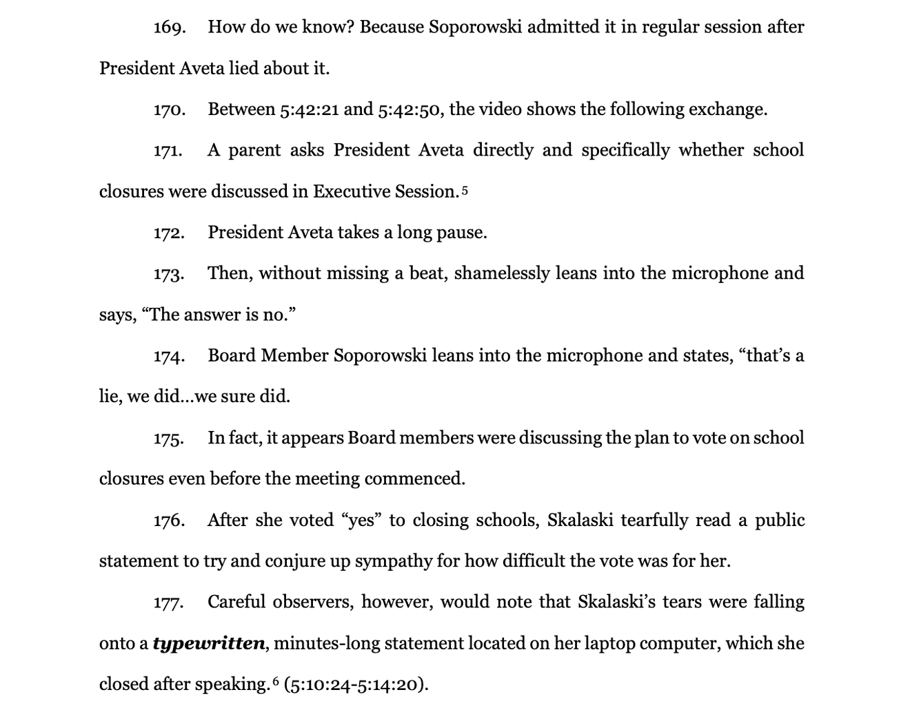 Figure 3. Petition excerpt alleging executive-session discussion of school closures — MTPS Petition of Appeal, ¶¶169–177.