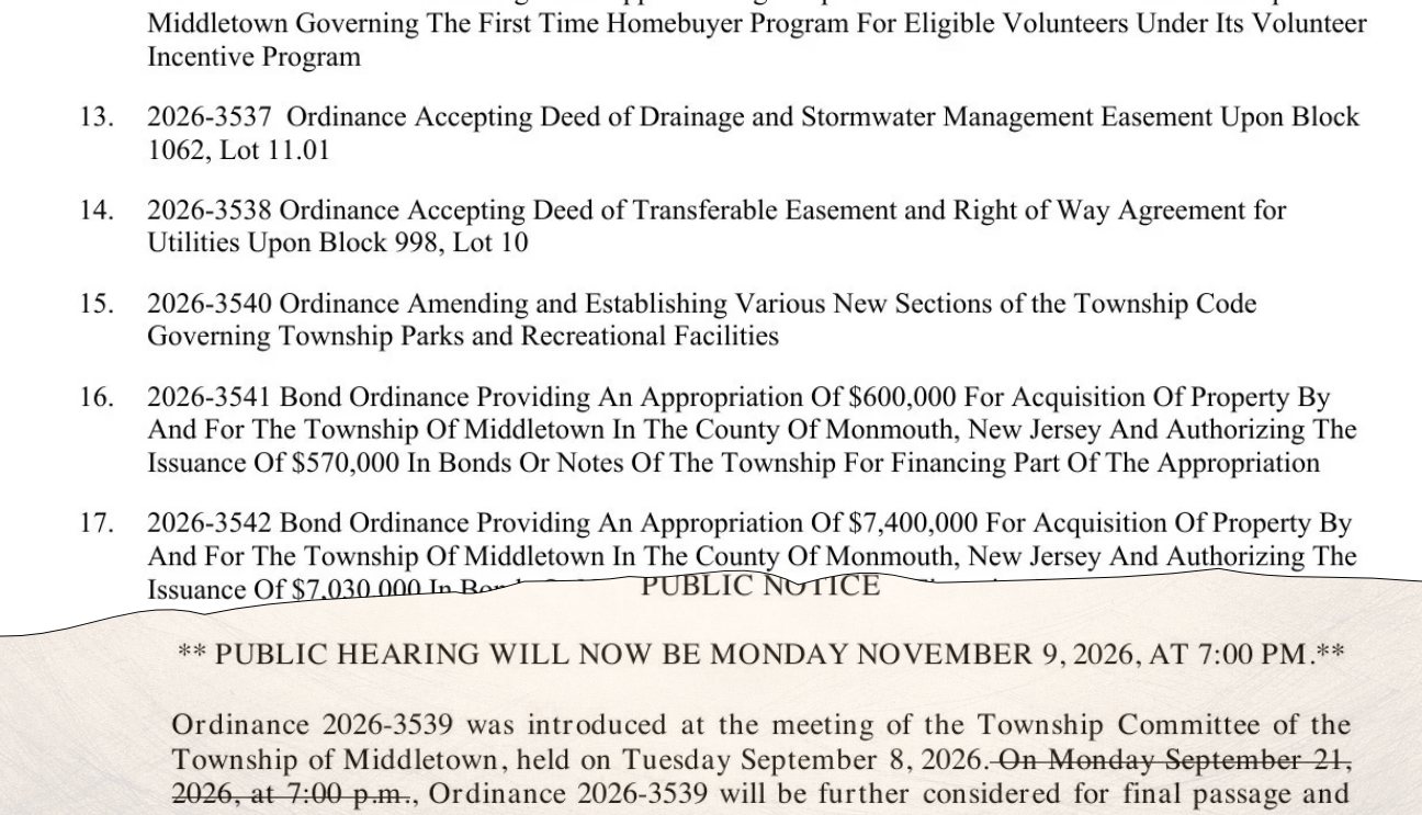 Middletown meeting agenda and notice rescheduling the West Nut Swamp ordinance hearing to November 9