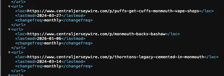 Figure 1. Screenshot of Central Jersey Newswire sitemap.xml showing URL entries and last modification dates. Source: Central Jersey Newswire, accessed February 2026.