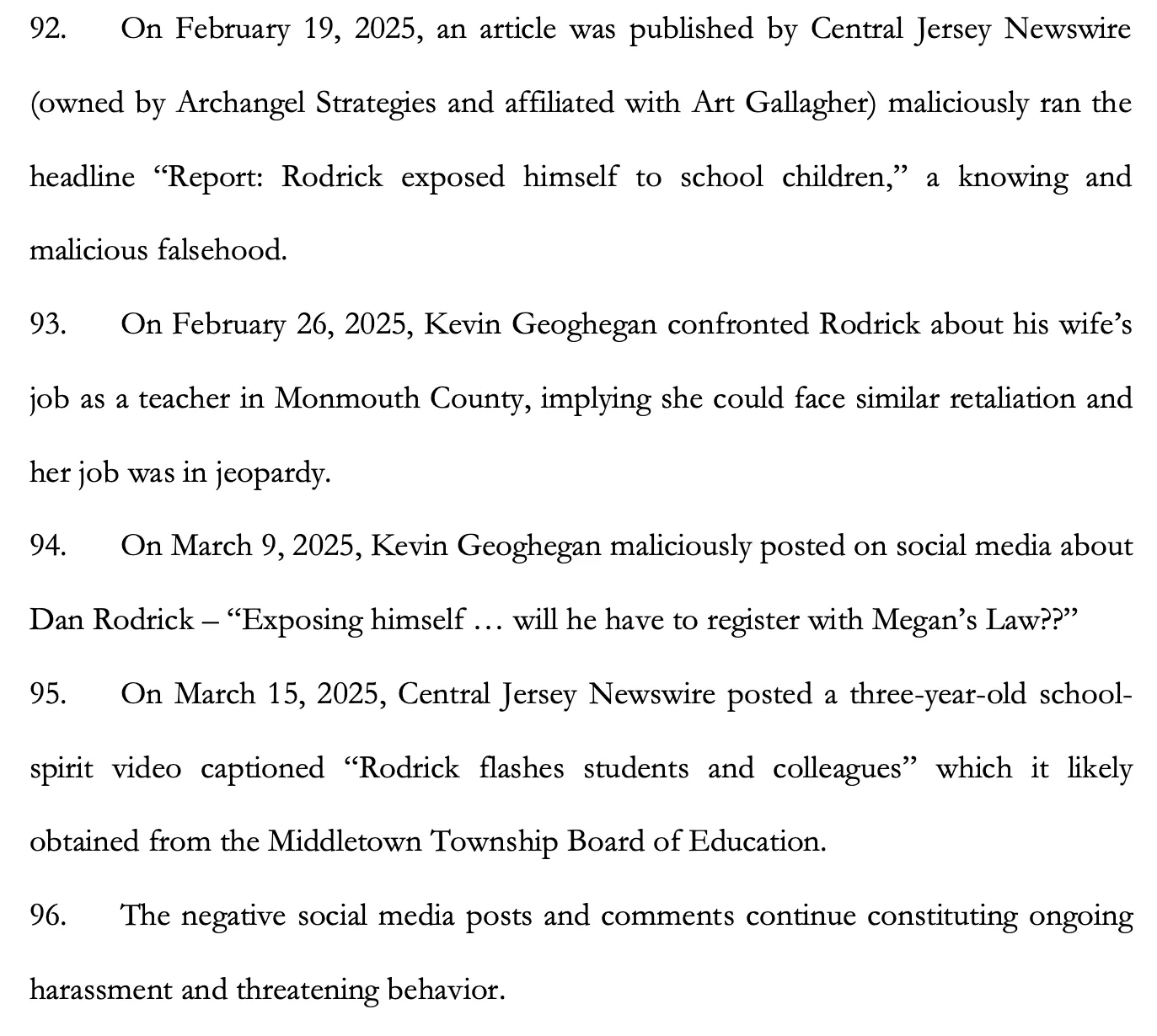 Figure 2. Allegations concerning publication of articles on Central Jersey Newswire. Source: First Amended Complaint in Rodrick v. Middletown Township Public School District.