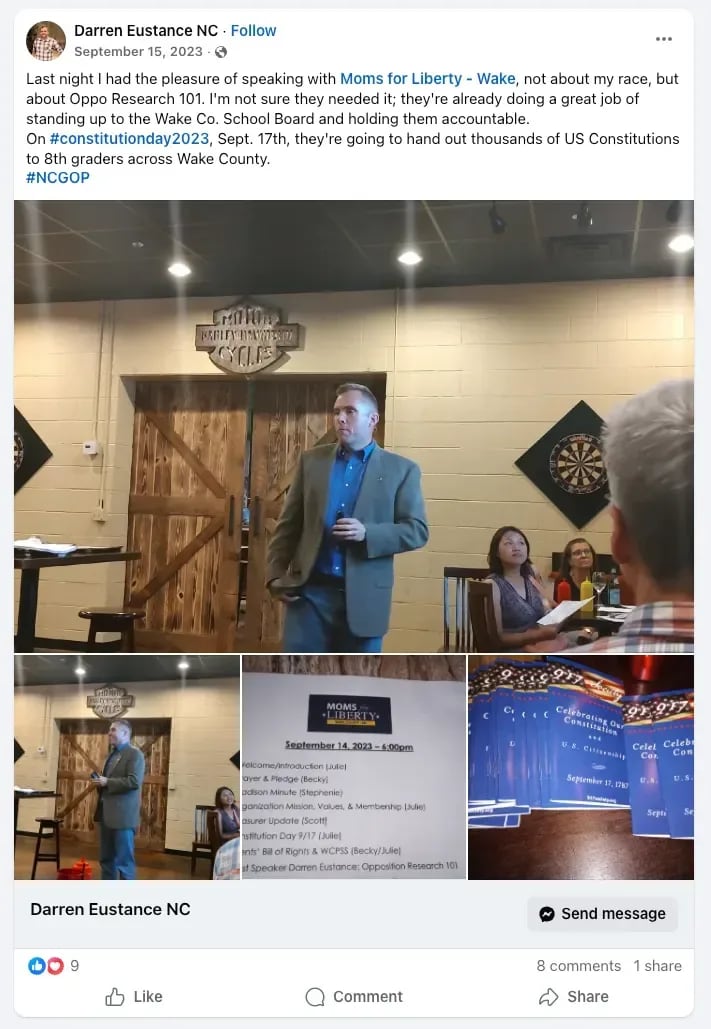 Figure 6. Facebook post referencing an opposition research presentation. Source: Public social media post.