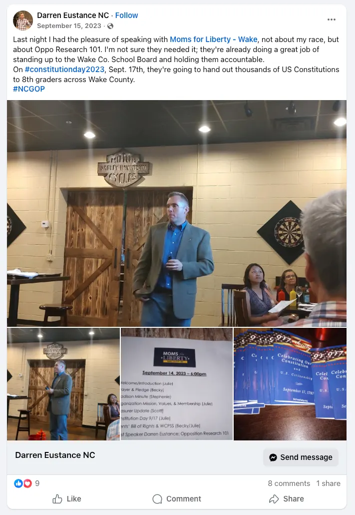 Figure 6. Facebook post referencing an opposition research presentation. Source: Public social media post.