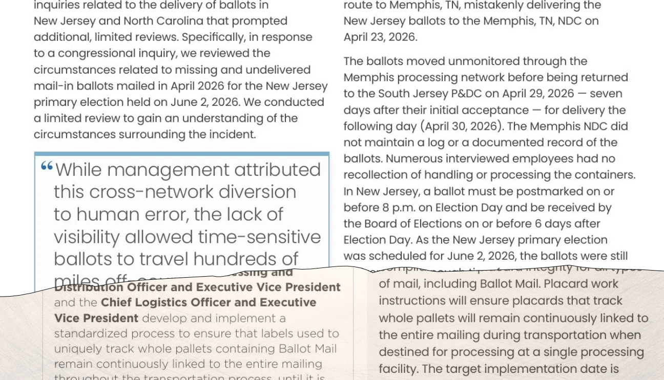 USPS inspector general report excerpts describing diverted New Jersey ballots and pallet-tracking recommendations