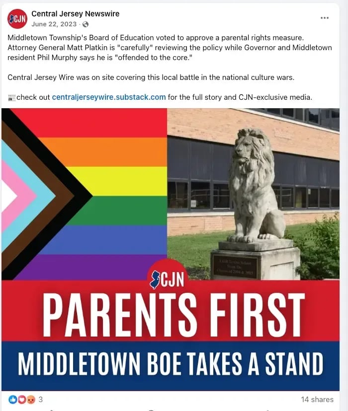 Figure 1. Screenshot of Facebook post by Central Jersey Newswire promoting coverage of Middletown NJ BOE (Frank Capone president, Jacqueline Tobacco vice president), captured November 2025.