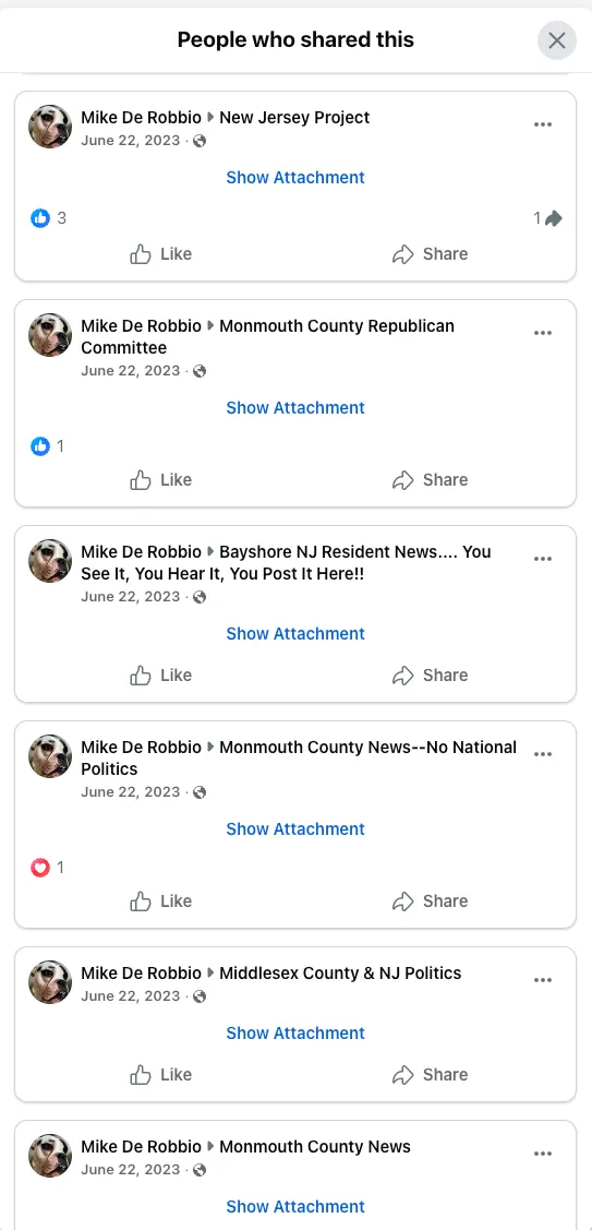 Figure 2. Screenshot of Facebook sharing activity for Central Jersey Newswire post featuring Frank Capone and Jacqueline Tobacco coverage, captured November 2025.